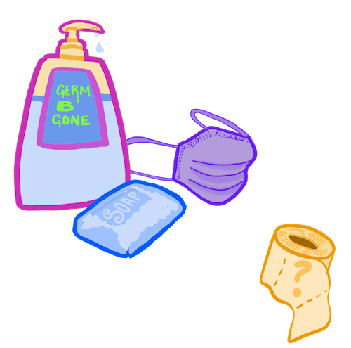 drawing of a mask, hand sanitizer, soap, and germs