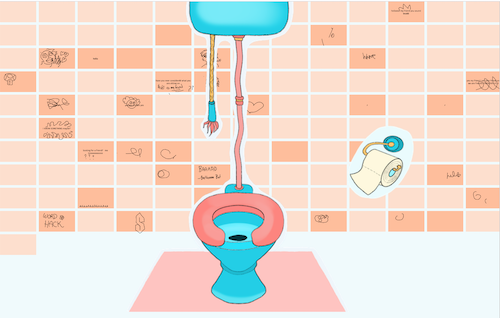 an illustration of a bathroom with a toilet and wall graffiti