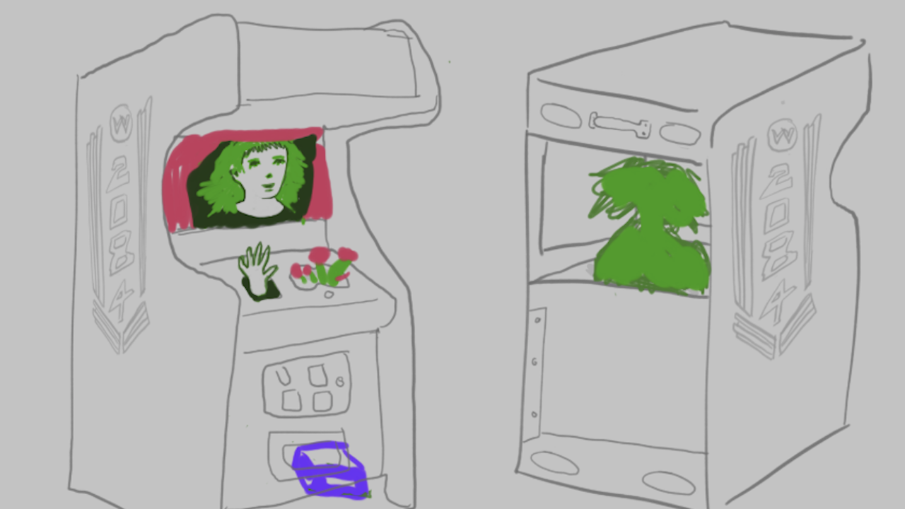 A sketch of a person inside an arcade cabinet.