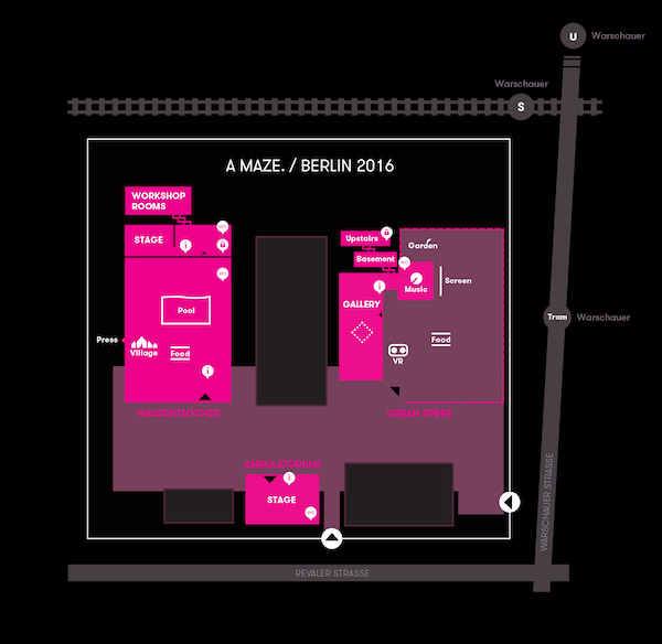 Illustration of the venue map - all the buildings are in pink and it is on a black background