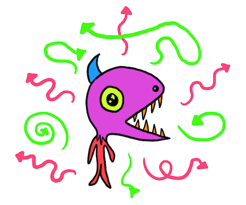 Drawing of a dinosaur creature surrounded by swirls and arrows