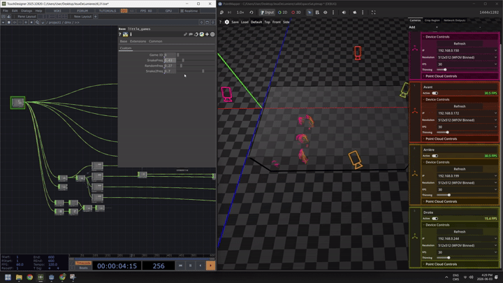 A TouchDesigner project tracking three players' positions from multiple cameras during a playtest