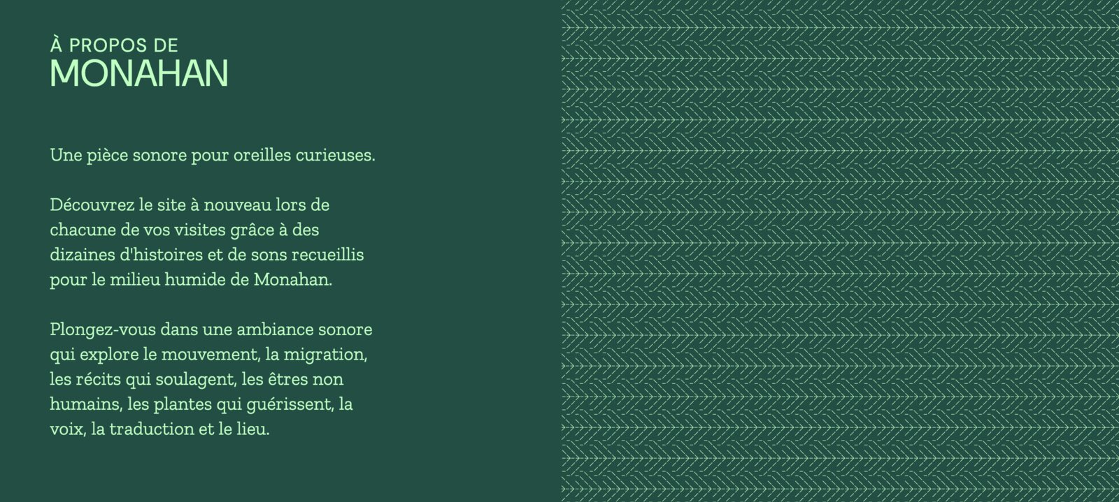 La section « À propos de MONAHAN » du site, sur fond vert orné du motif d'arbres.