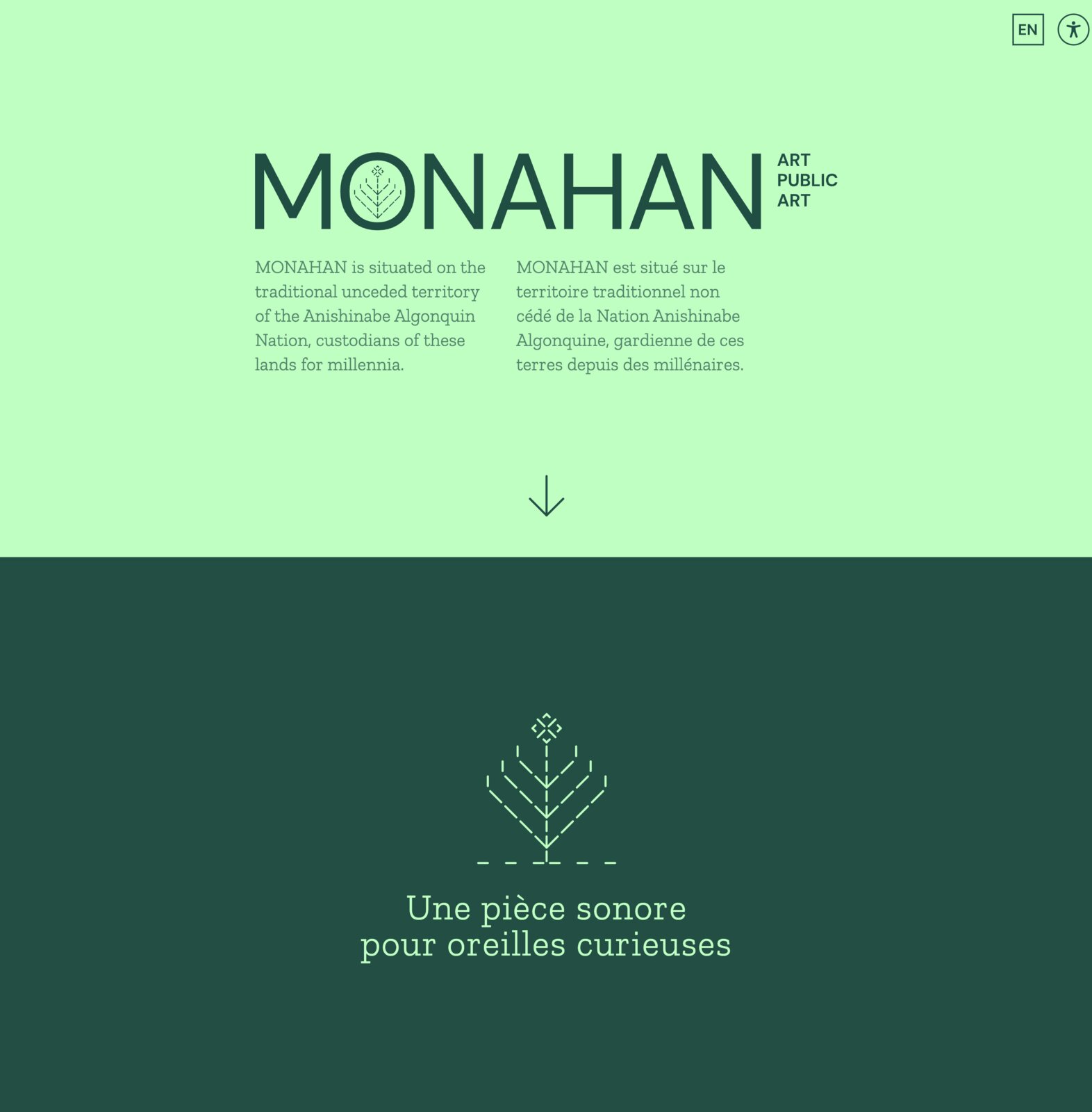 Le mot-symbole MONAHAN, la reconnaissance territoriale et le motif d'arbre, tirés du site monahanpublicart.ca.
