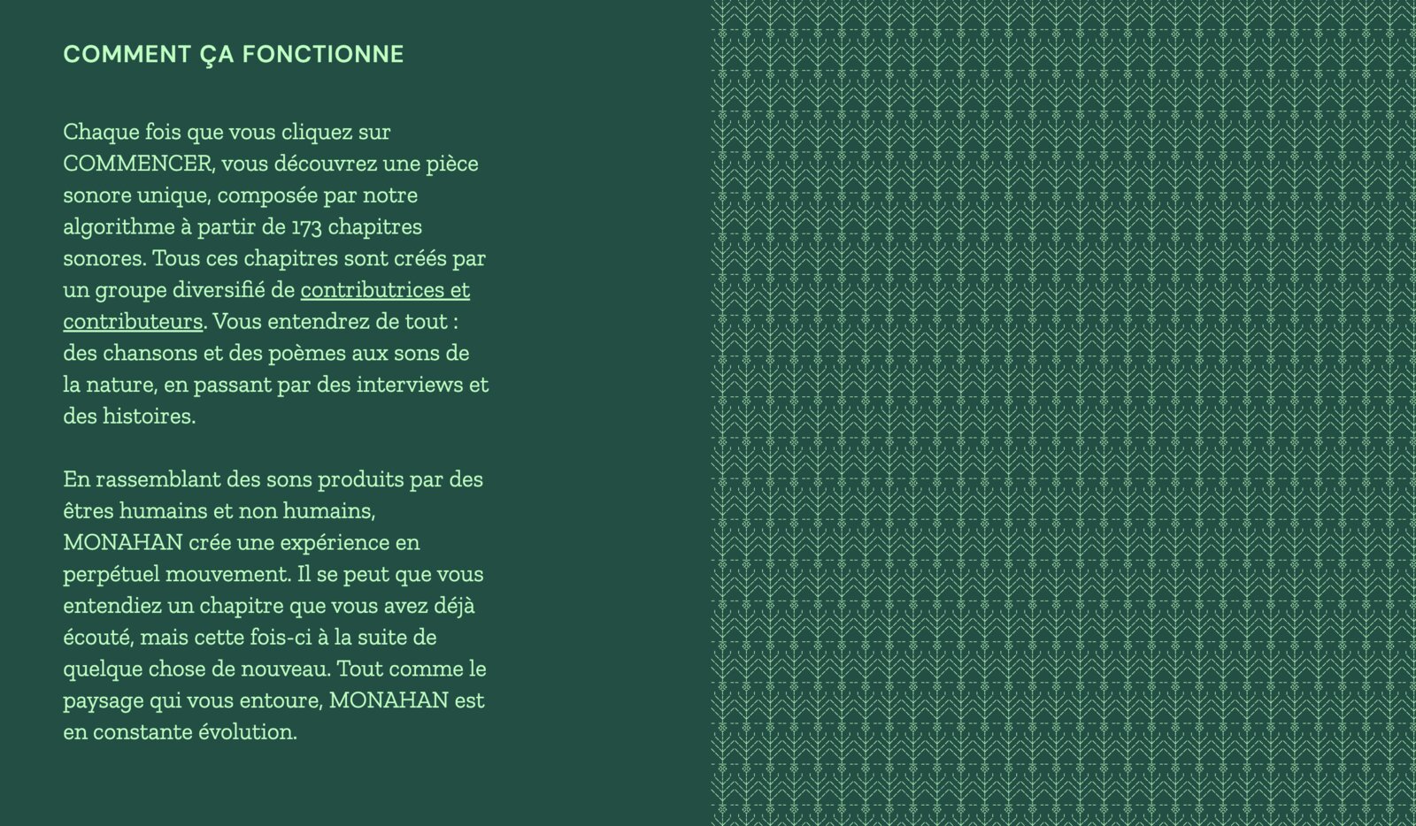 La section « Comment ça fonctionne » du site, sur fond vert orné du motif d'arbres.