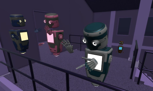 three colourful robots in a purple building
