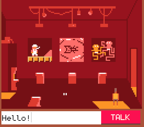 illustration of a pixel-art room with a textbox that says 'hello' and a button that says 'talk'