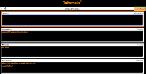 a simple set of black rectangles that people can write in - it says talkomatic at the top