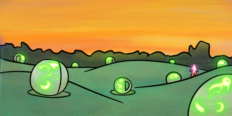 Illustration : des orbes vertes et lumineuses parsèment des collines vallonnées sous un coucher de soleil orangé, avec une petite silhouette qui lève une lampe.