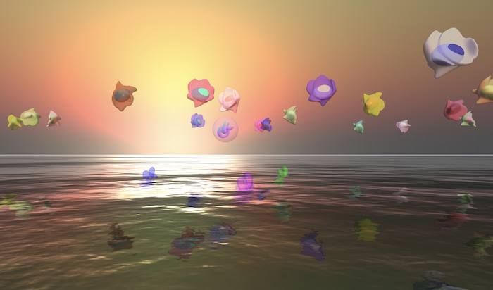 screenshot of soft sanctuary depicting floating sculptures over an ocean with a sunset