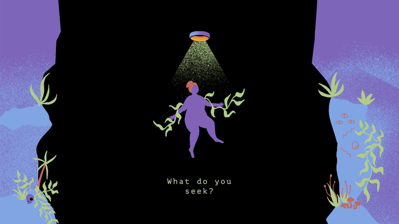 Screenshot of the site featuring the text 'What do you seek' and an illustration of a dreamy woman under a spotlight