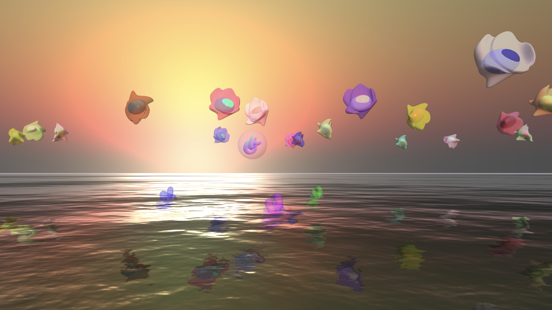 A dreamlike-pastel world with soft colourful shapes floating above an ocean