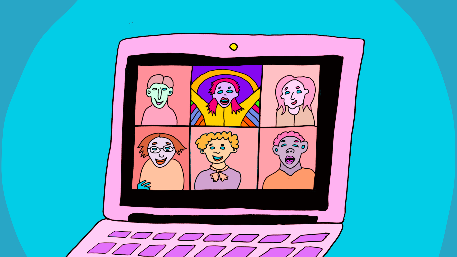 Illustration of a pink laptop on a blue background open to a Zoom call with animated people.