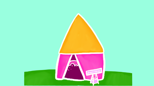 An illustration of the Dream Room, a pink hut with a yellow roof