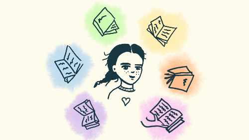 An illustration of a person surrounded by books
