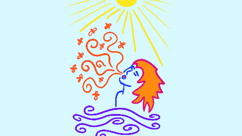 An illustration of a person emerging from the water with the sun.