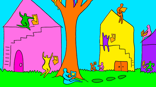 A colourful illustration of people with their laptops in houses and in trees
