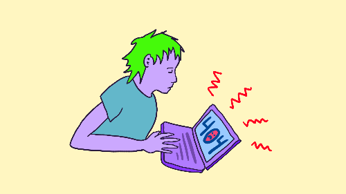 An illustration of a person looking at a computer with a 404 on it.